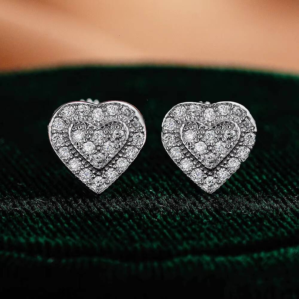 Hip Hop Style Heart Stud Iced Out GRA Certified Moissanite Diamond 925 Sterling Silver Earrings for Women
