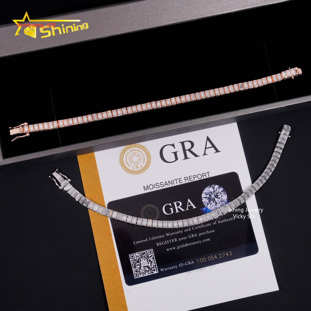 New Trendy Design Fine Jewelry Women Bracelet 925 Sterling Silver Bezel Emerald Cut Moissanite Tennis Chain Bracelet