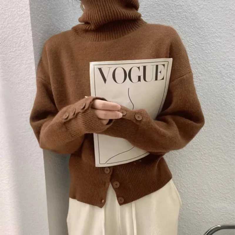 New Elegant Turtleneck Pullover Sweater for Women Autumn Winter Fashion Hem Button Solid Sweater Casual Long Sleeve KnitwearT251027