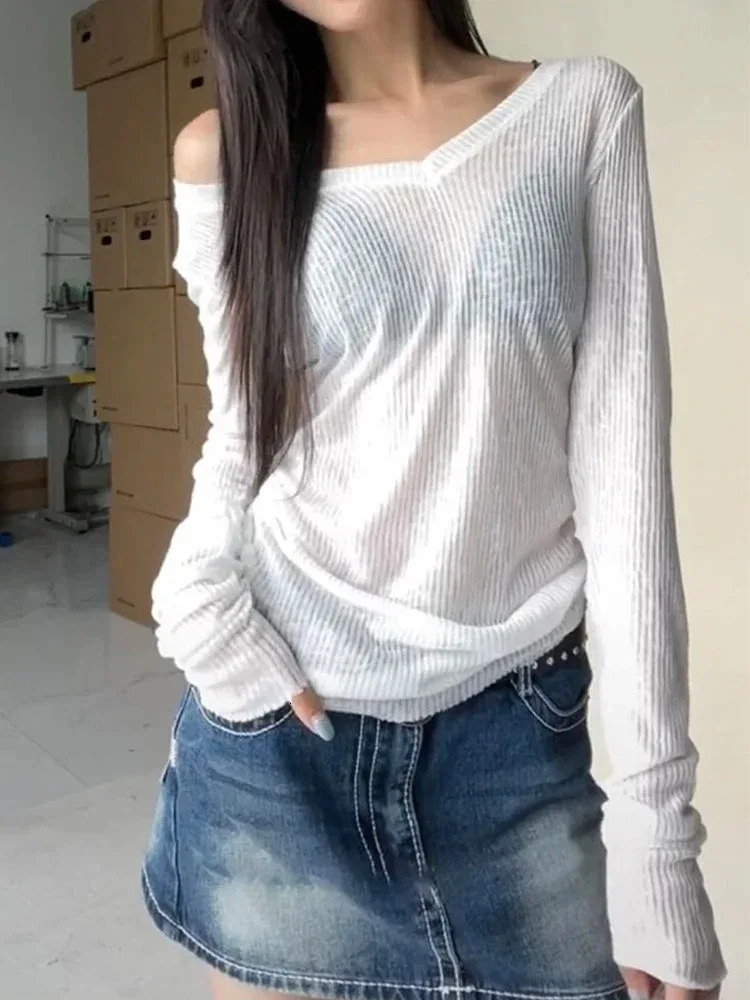 Women Long Sleeve T Shirt Thin Perspective Summer Solid Slim Casual Shirts Female Pullovers Basic Tee Y2k Clothes Streetwear Top 251027