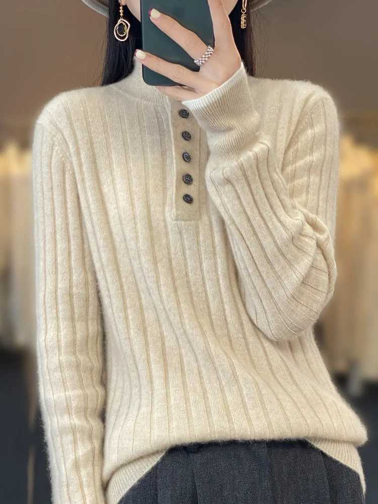 2024 High Quality Women Autumn Winter Casual Turndown Collar Pullover Cashmere Sweater 100 Merino Wool Knitwear Clothing TopsT251027