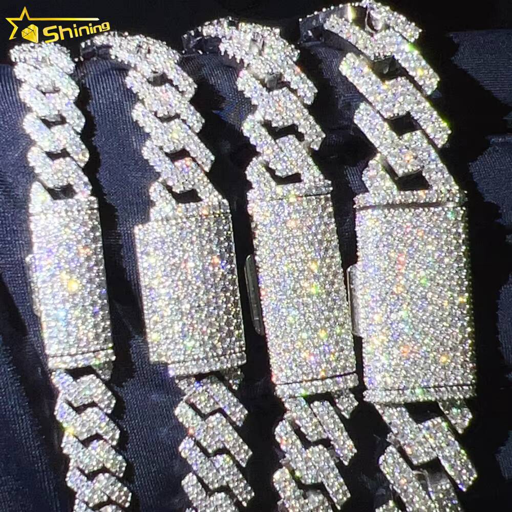 Iced Out Vvs Moissanite 2 Rows Miami Gold Cuban Chain Necklace 925 Sterling Silver Diamond Moissanite Cuban Link Chain