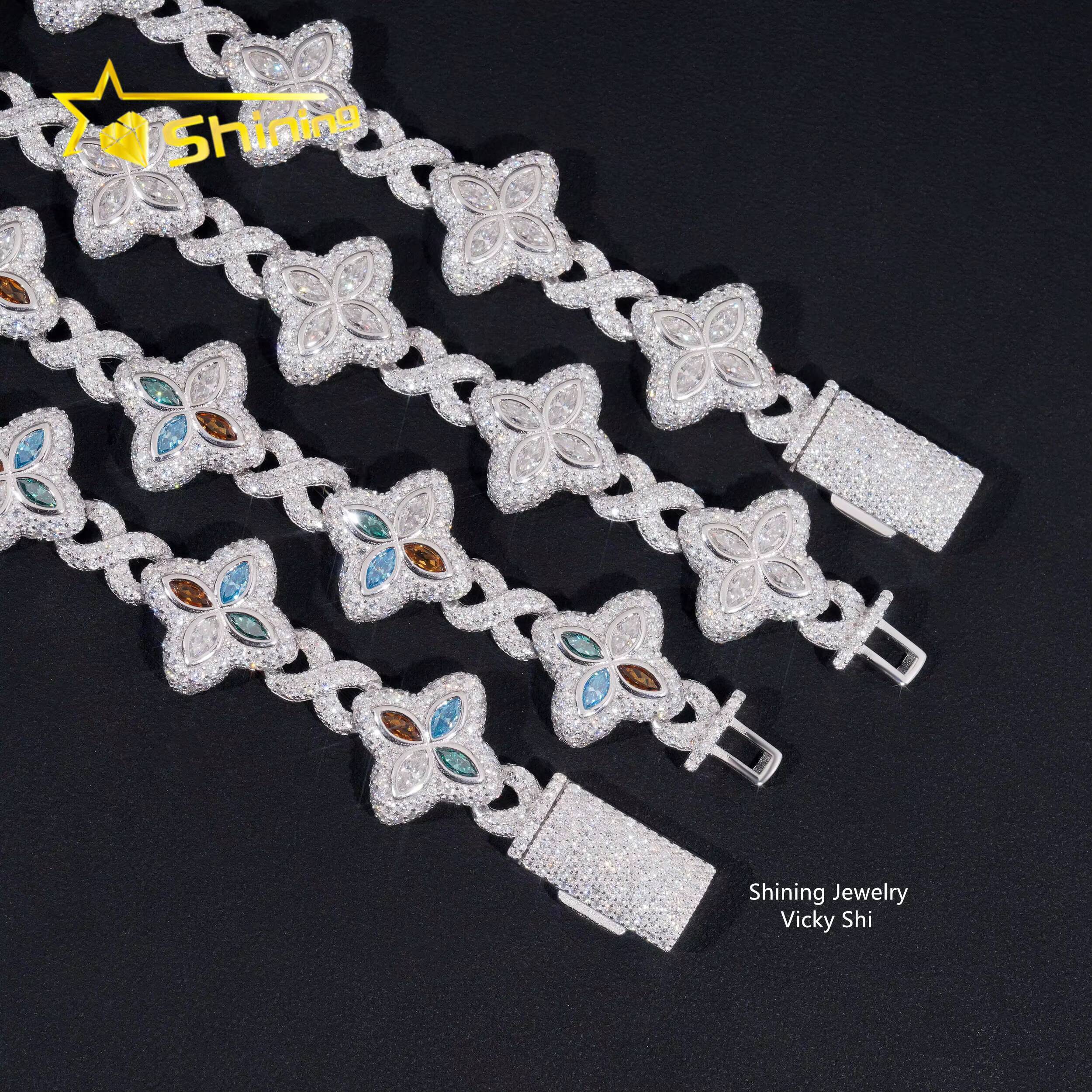 Rapper Hip Hop Jewelry Iced Out Moissanite Necklace 925 Silver Colored Four Leaf Clover VVS Moissanite Cuban Link Chain