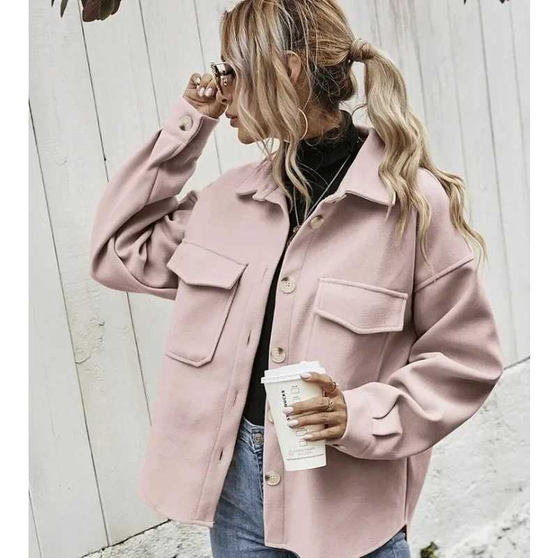 Women Long Sleeve Single Breasted Turndown Collar Woolen Coat Women Solid Loose Cardigan Pocket Coat Spring Autumn Woolen Coat M251027