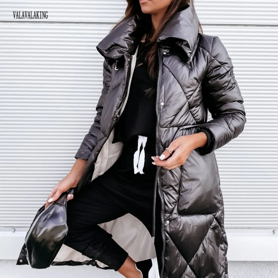 Winter Solid Plus Size Long Coat Women Elegant Pocket Sleeve Jacket Lady Turndown Collar Large Zipper Thick Warm 251027