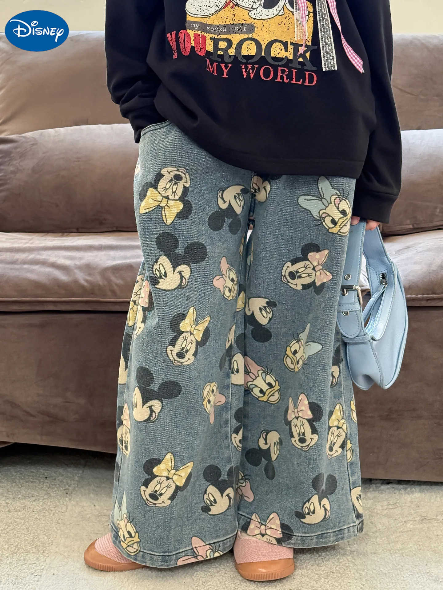 Disney Full Printed Cartoon Pattern Jeans For Girls Spring Autumn Elastic Waist Straight Leg Denim Pants Cute Minnie Trousers H251027