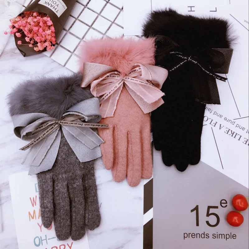 AllMatch Female Autumn and Winter Cute Warm Touch Screen Thick Rabbit Fur Wool Cashmere Warm Finger Gloves 251024