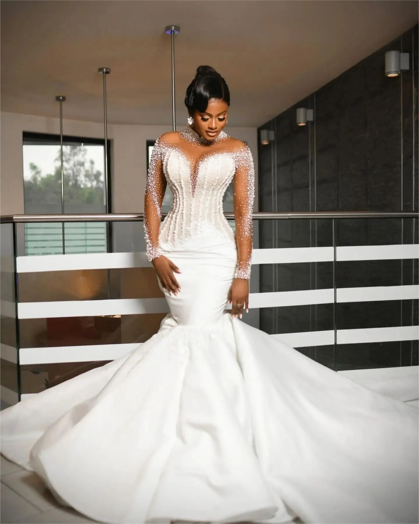 Aso Ebi White Mermaid Wedding Dresses Pearls Beaded Luxurious Satin Long Sleeves Bridal Gown