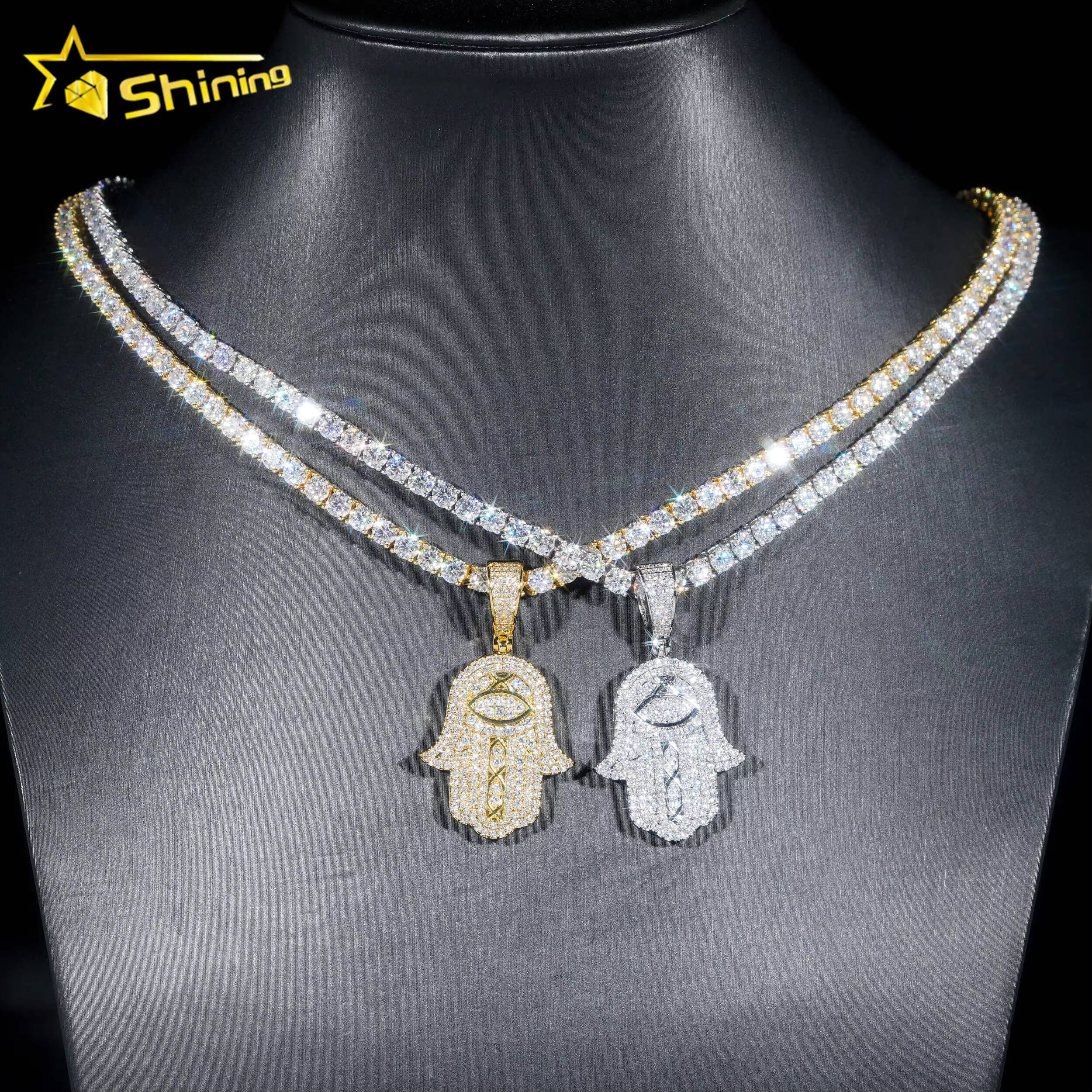 New Arrival Hip Hop Jewelry 18k Gold Plated Brass Pendants 5a Moissanite Diamond Hamsa Hand Charm Pendants with Tennis Chains