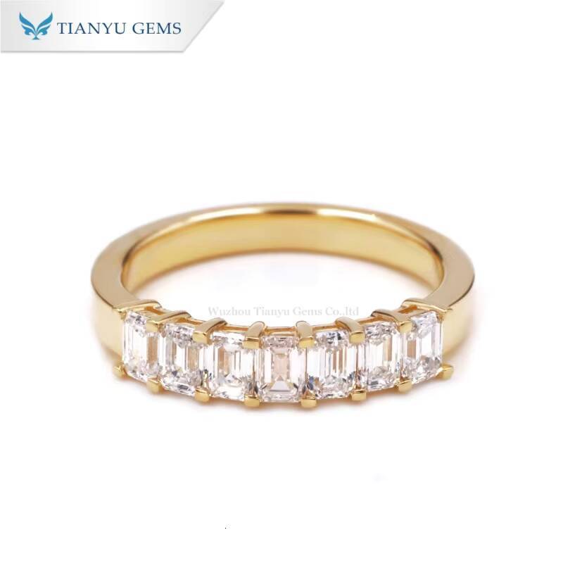 Tianyu Gems Seven Stone Ring 14k Yellow Gold Hpht Lab Diamond Def Color Vs Grade Emerald Cut Wedding Ring Band