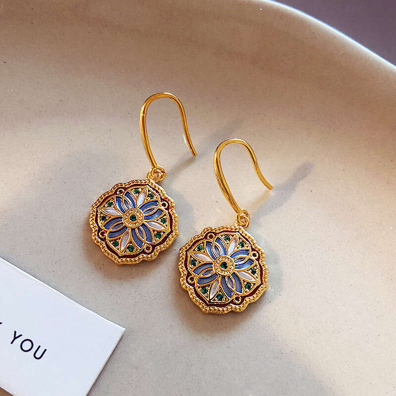 Vintage Style Enamel Pattern Earrings Niche Design Light High-end Feel Hooks Elegant Versatile Ear Accessories