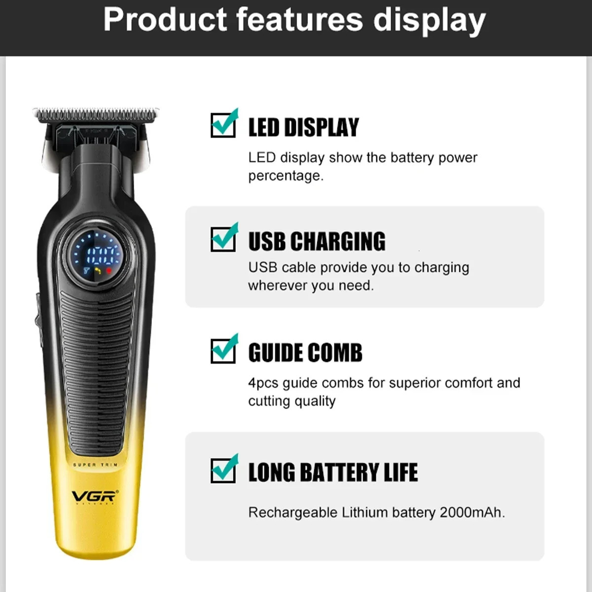 VGR V996 Cordless Electric Clipper Rechargeable Haircut Barber Professional Trimmer for Men Hair Cutting Machine 251022 C260312