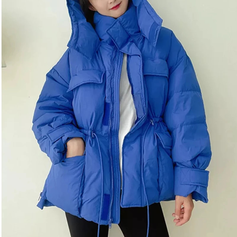 Winter Hooded Parkas Warm Jacket Women Down Cotton Coat Irregular Fluffy Bubble Drawcord Waist Outwear 251027