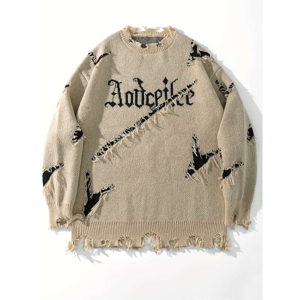Men's Casual Streetwear Sweater - Relaxed Fit Drop Shoulder, Distressed Letter Embroidery & Ripped Details, Long Sleeve Pullover For Autumn Winte