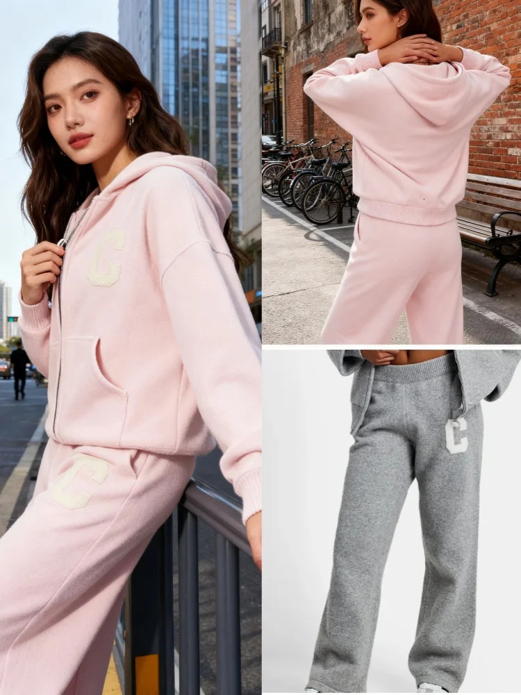 Knitted Womens Pant Sets Hooded Long Sleeve Dropped Shoulder Zipper Female Jacket Solid Elastic Waist Straight Pants For Ladies 251027