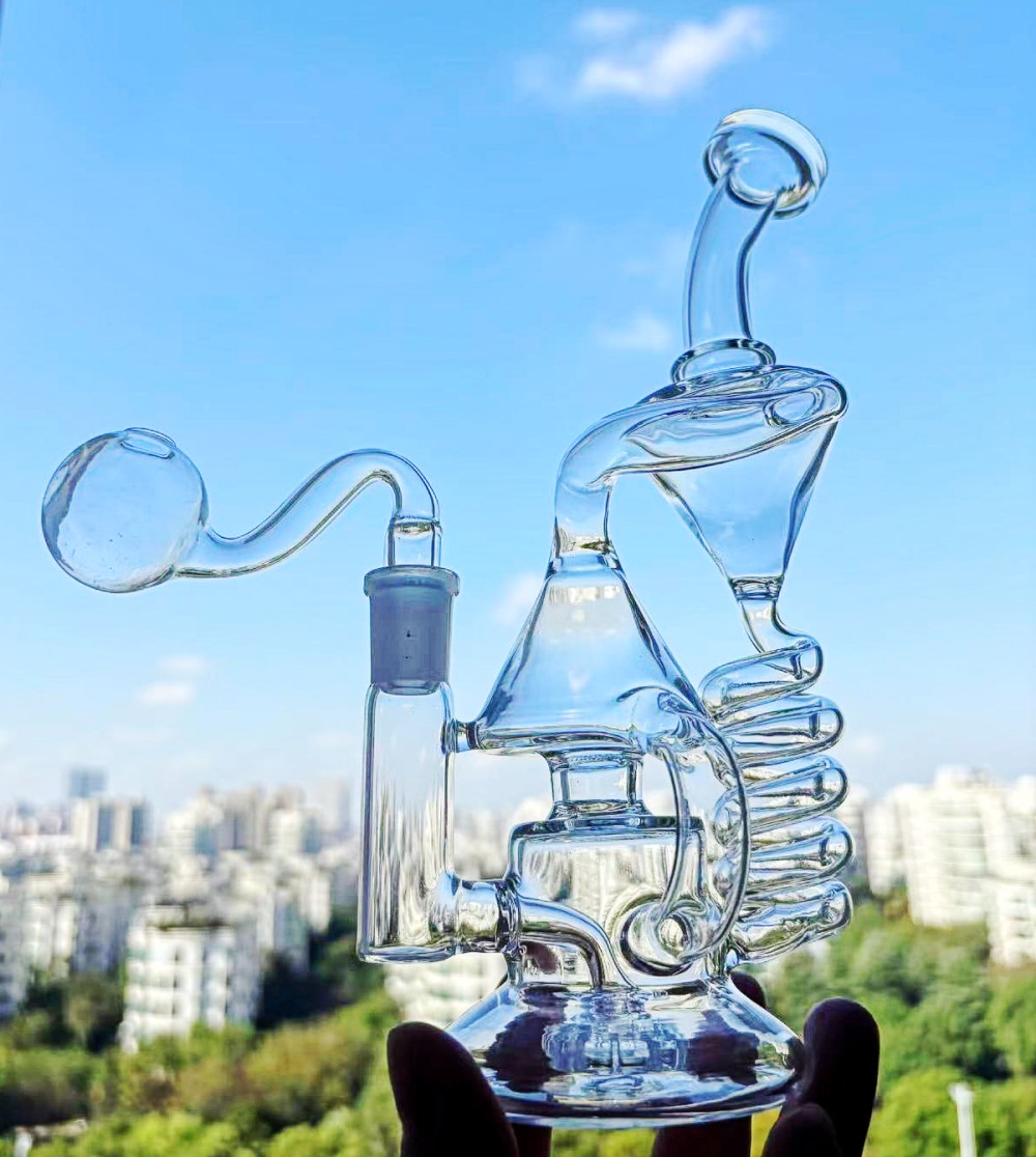 Very Unique Piece New Dual Bubble Thick 9" Glass Bongs Bent Type Recycler Water Smoking Pipes Bong Function 14Mm Oil Burner