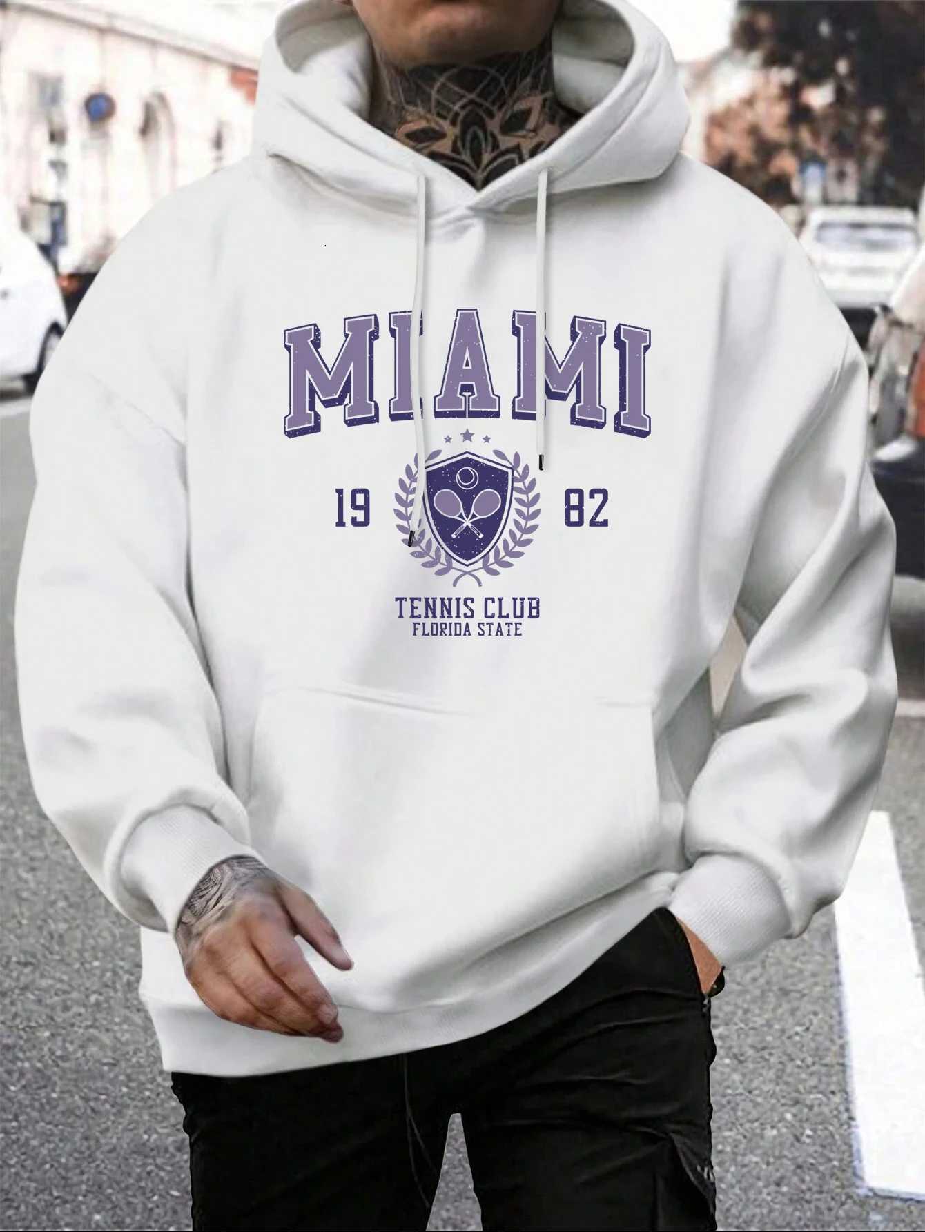 Miami 982 Letter Print Pullover MenS Fashion Quality Hooded Warm Casual Hoody Man Simple Loose Tops W251027