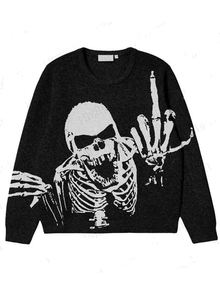 BIG PROMOTION Y2K European and American Autumn and Winter Mens Gothic Casual Black Loose Skeleton Print Vintage Knitted Sweater 251024