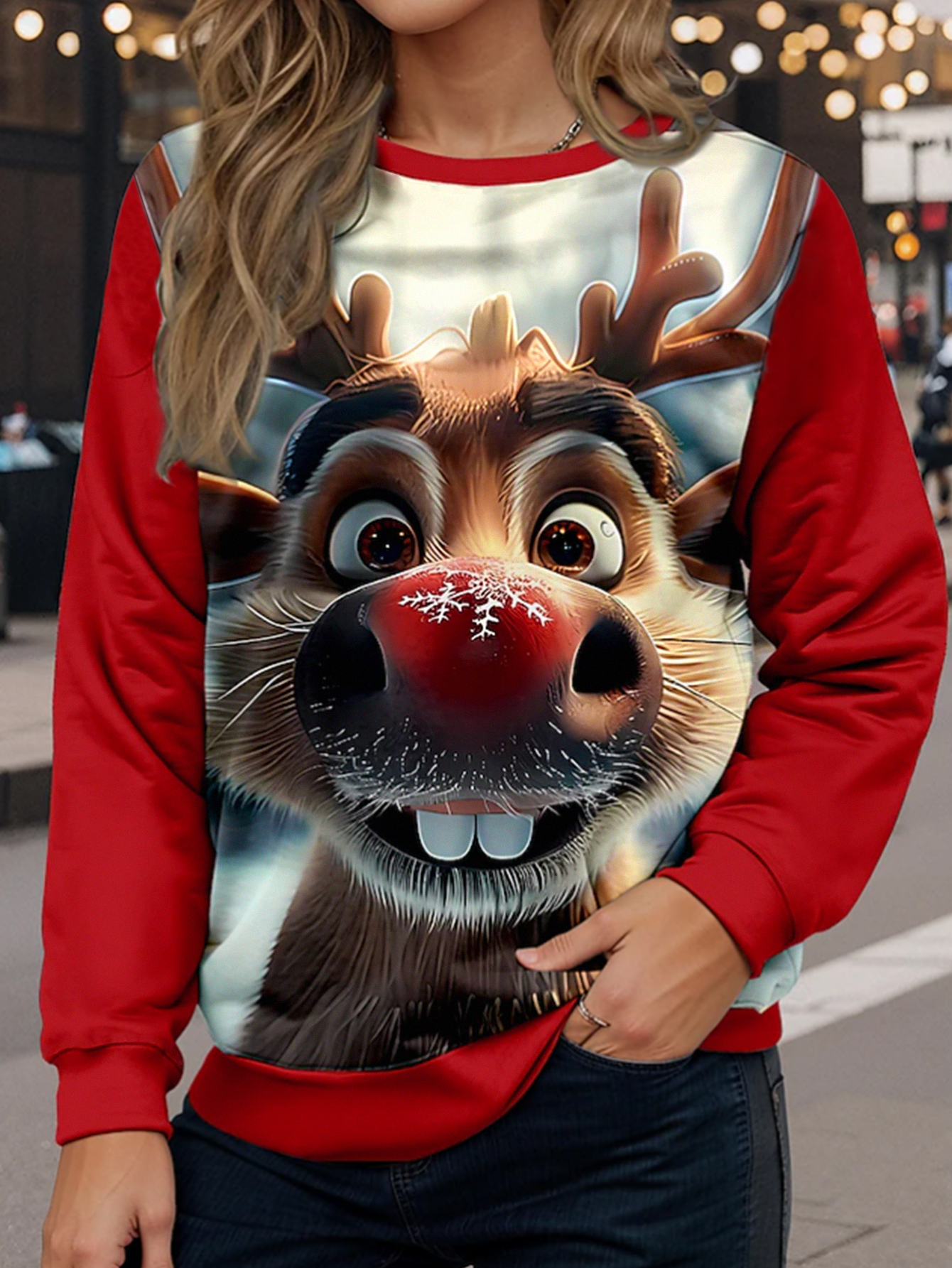 Christmas Cute Fashion Red-Nosed Reindeer Printed Women's Sweatshirt, Autumn Winter Red Party Casual Thin Long Sleeve Top, Milk Silk Sweatshirt, 