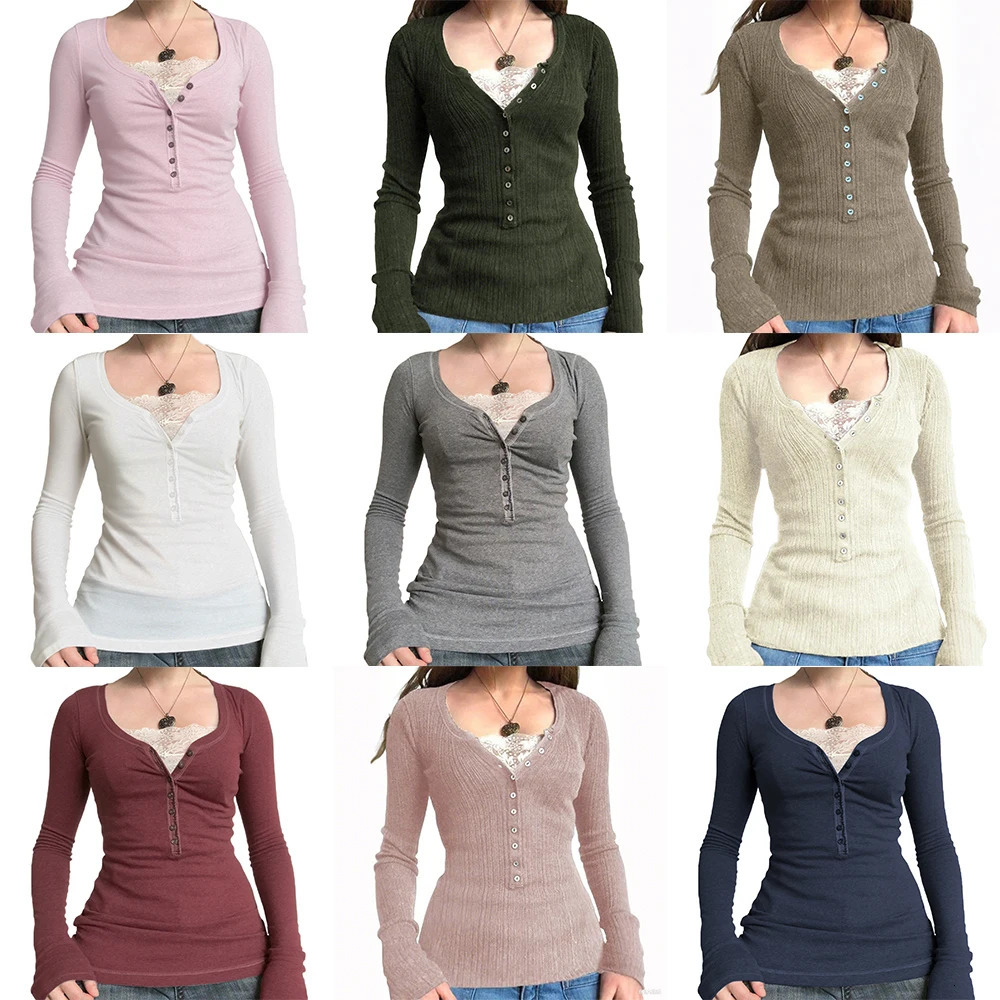 Vintage Lace Patchwork Cute Cotton Tshirts Women Korean Fashion Button Fairy Grunge Y2K Clothes Casual Spring Autumn Retro Tops 251027