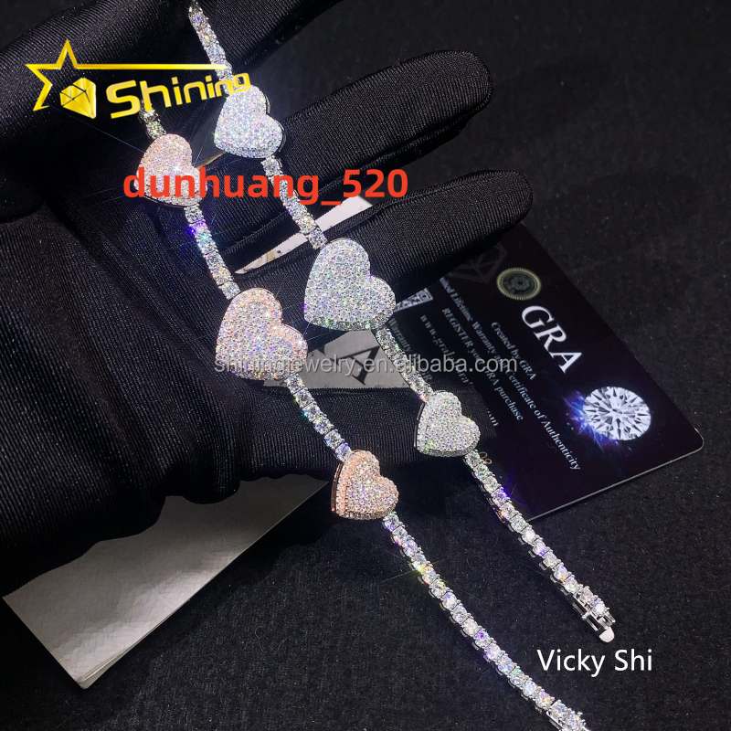New Design Fine Jewelry Pass Diamond Tester 925 Sterling Silver Two Tones Heart Shape Moissanite Tennis Bracelet