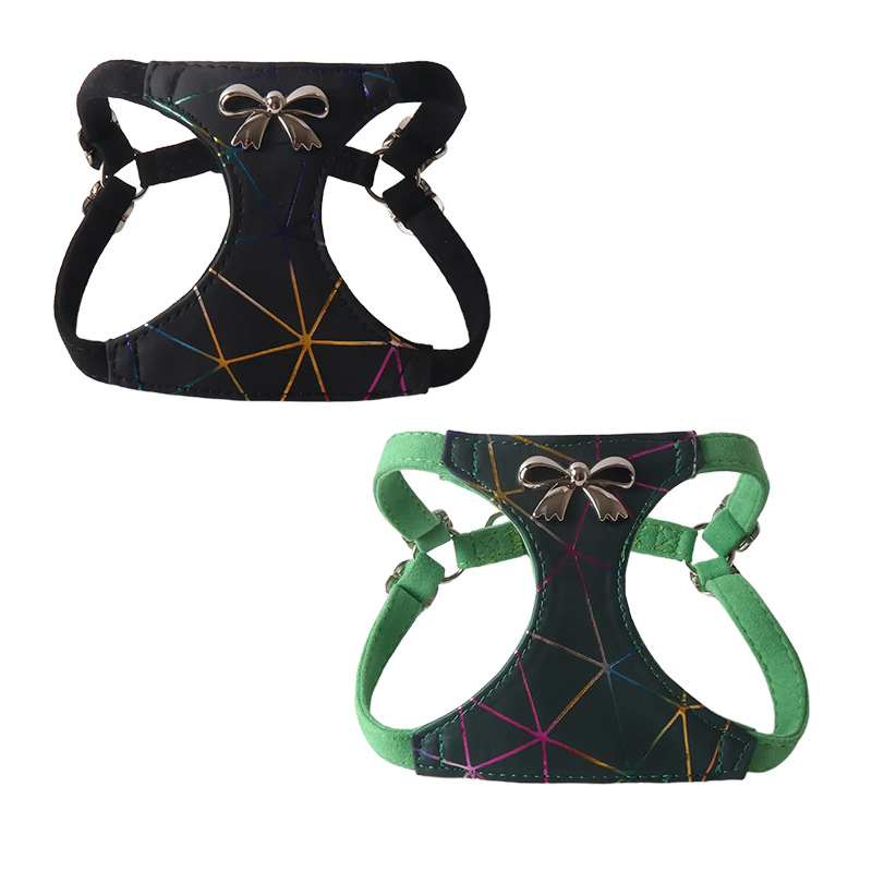 Matte PU Luxury Pet Harness and Leather Set with Rainbow Metal Pattern and Bow Details - Adjustable Walking Vest for Small Medium Dogs B158