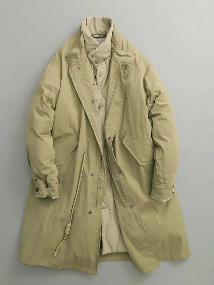 Cotton Padded Parka Army Green Vintage Two Piece Stand Collar Long Jacket Women Drawstring Big Pocket Coat 251027