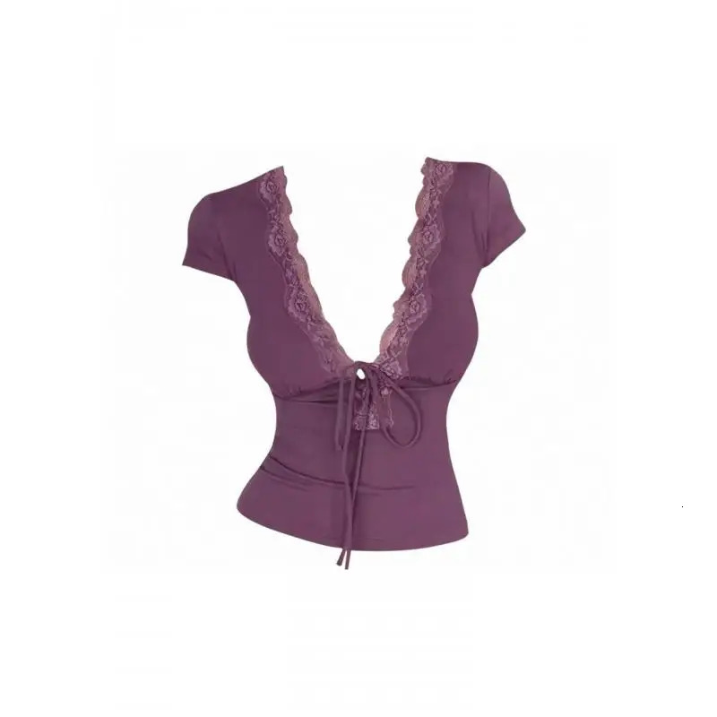 Genayooa Y2k Japanese Lace Tshirt Women Short Sleeve Deep V Neck Crop Tops Lace Up Vintage Fairycore Tee Tops Streetwear Tshirt 251027