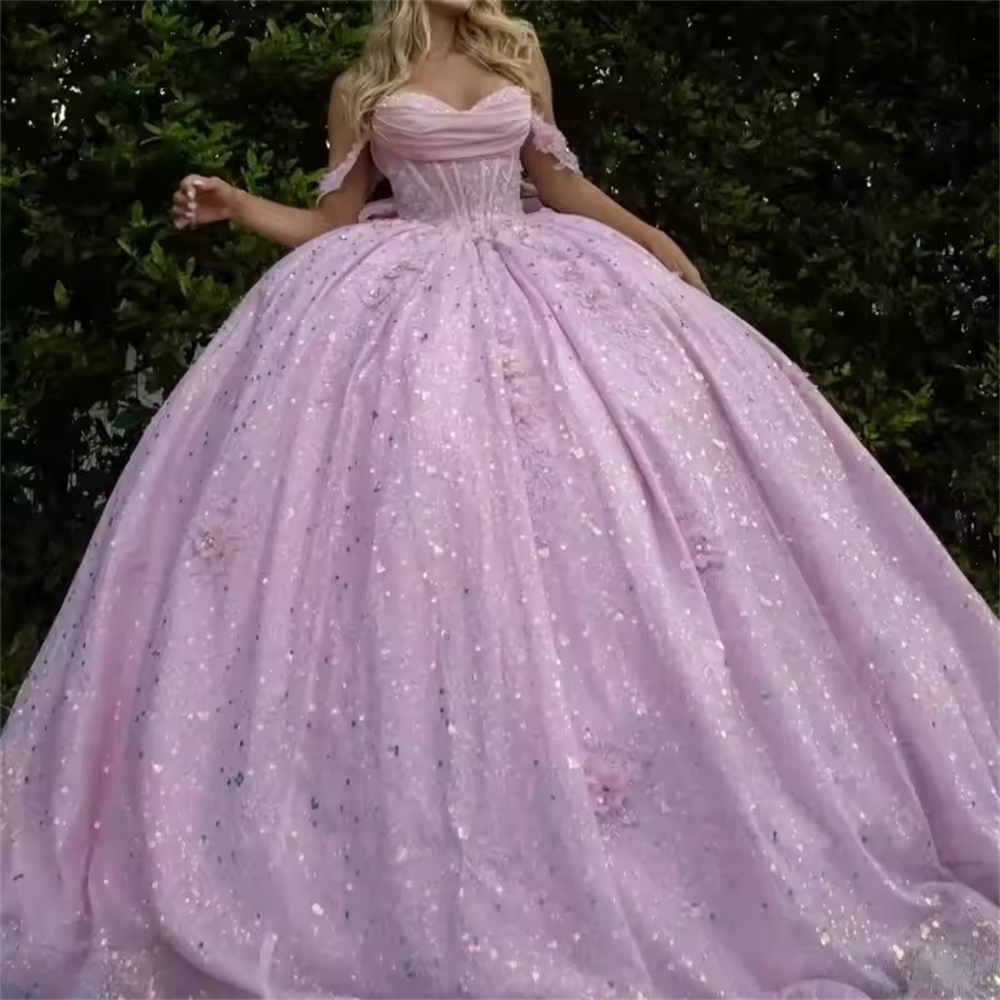 Ball Gown Quinceanera Dresses Pink Princess Sequined XV Glittering 3D Flower Lace Plus Size Customized Sweet 15 16 Birthday Party Gowns Vestidos De 15