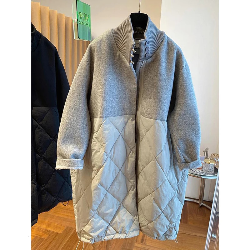 Parkas Woolen Stitching Down Cotton Coats Womens Loose Cashmere Jackets Winter Fashion Long Sleeve Warm Outwear Female 251027