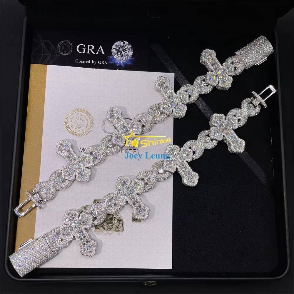 Luxury Cross Design Hip Hop Jewelry 925 Silver Charm Iced Out VVS Baguette Moissanite Cuban Bracelet