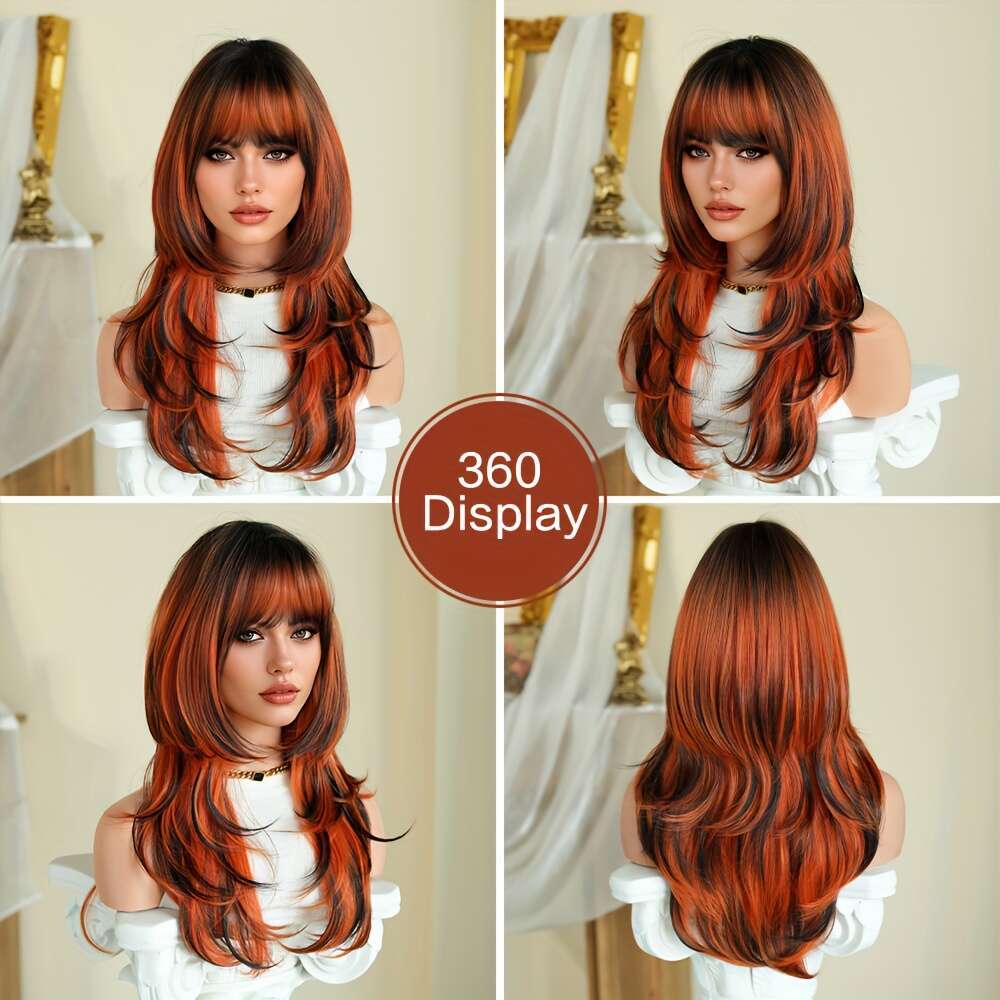 7Jhh WIGS Long Straight Ombre Orange With Dark Roots - 150% Density Heat Resistant Synthetic Hair, 24" Layered Cosplay Women, Rose Net Cap For Ha
