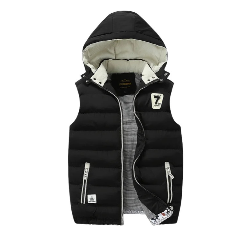 Autumn Winter Mens Hooded Sleeveless Vest Casual Slim Fit Stand Collar Down Cotton Waistcoat Outdoor Fleece Thick Padded Vest 251024