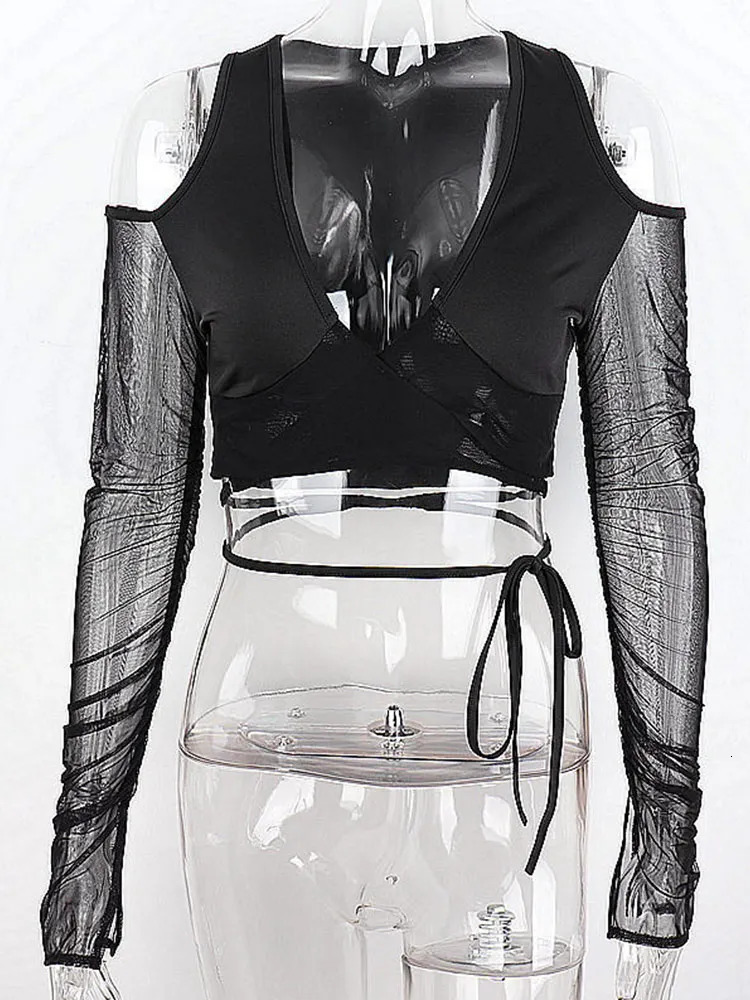 Sexy Black Crop Tops Streetwear Women Fashion Lace Up Bandage V Neck Cut Out Long Sleeve T Shirts 251027