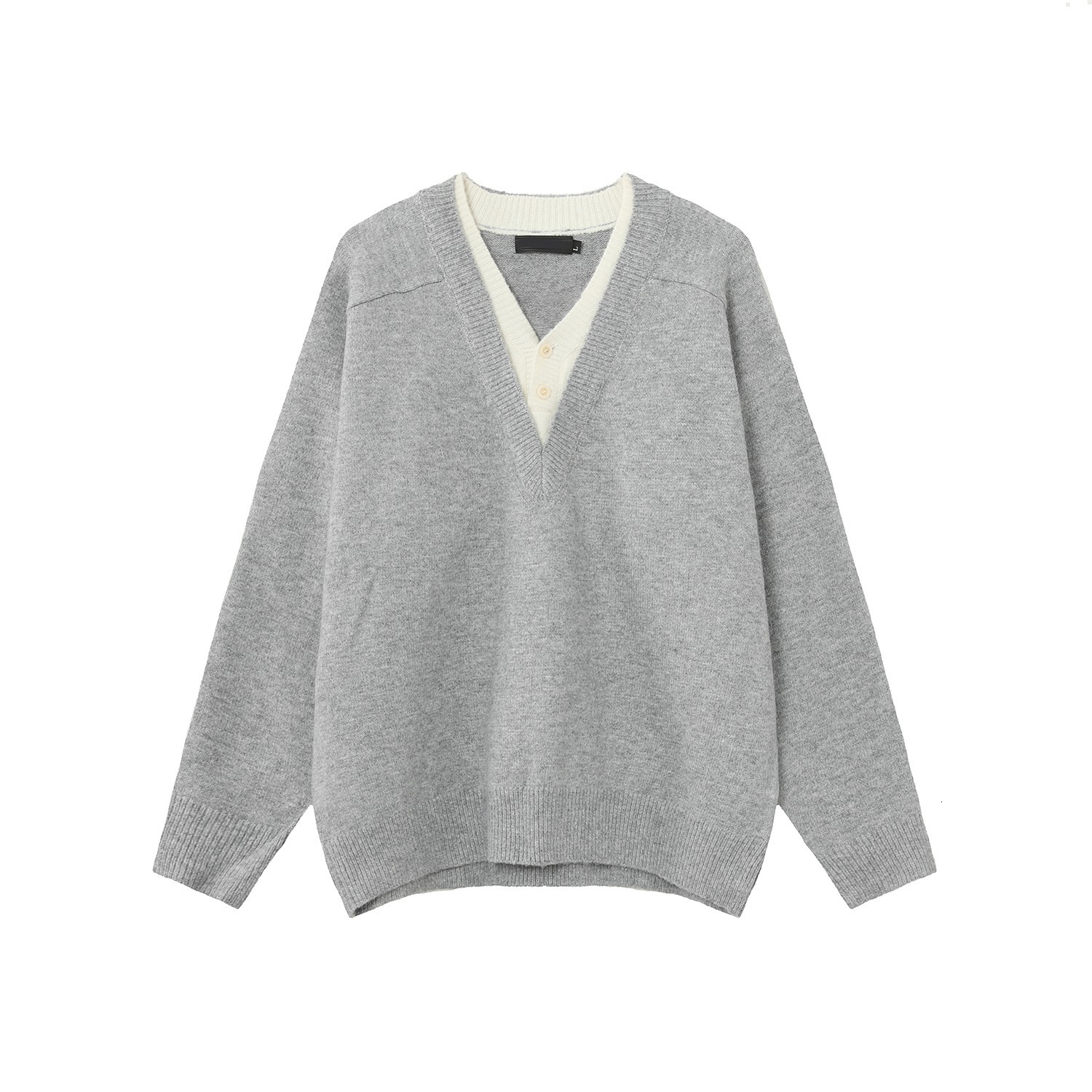 Dark Gray V-neck Fake Two-piece Knitted Designer Sweater Sweater Jacket For Men Autumn Korean Style College Style Lazy Base Sweater