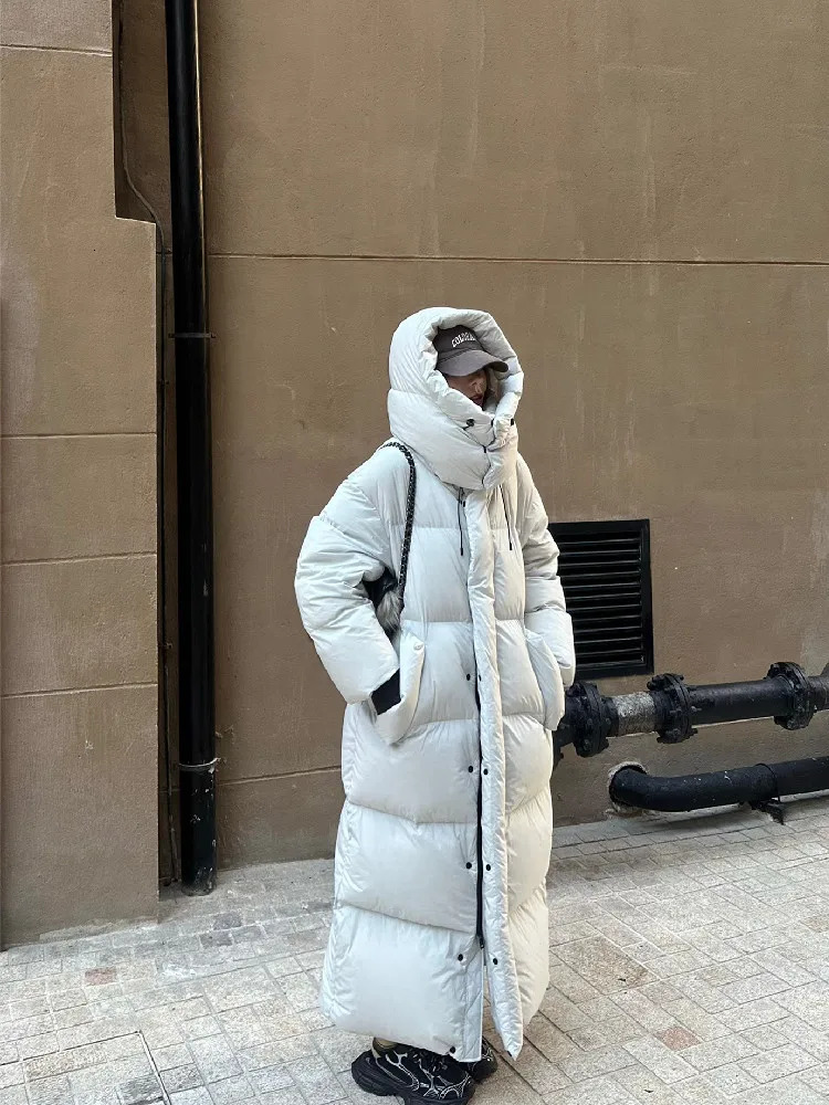 Winter Women Casual Long Sleeve Outerwear Solid Color Hooded Maxi XLong Parkas Jacket Oversized Single Breasted Warm Coat 251027