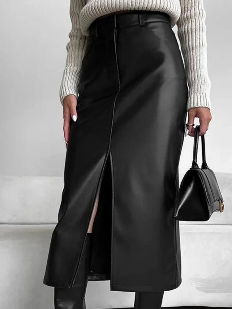 Leather Skirt High Waist Women Front Slit Spring Autumn Long Waisted Office Lady Slim Skirts Elegant Ropa De Mujer 251027