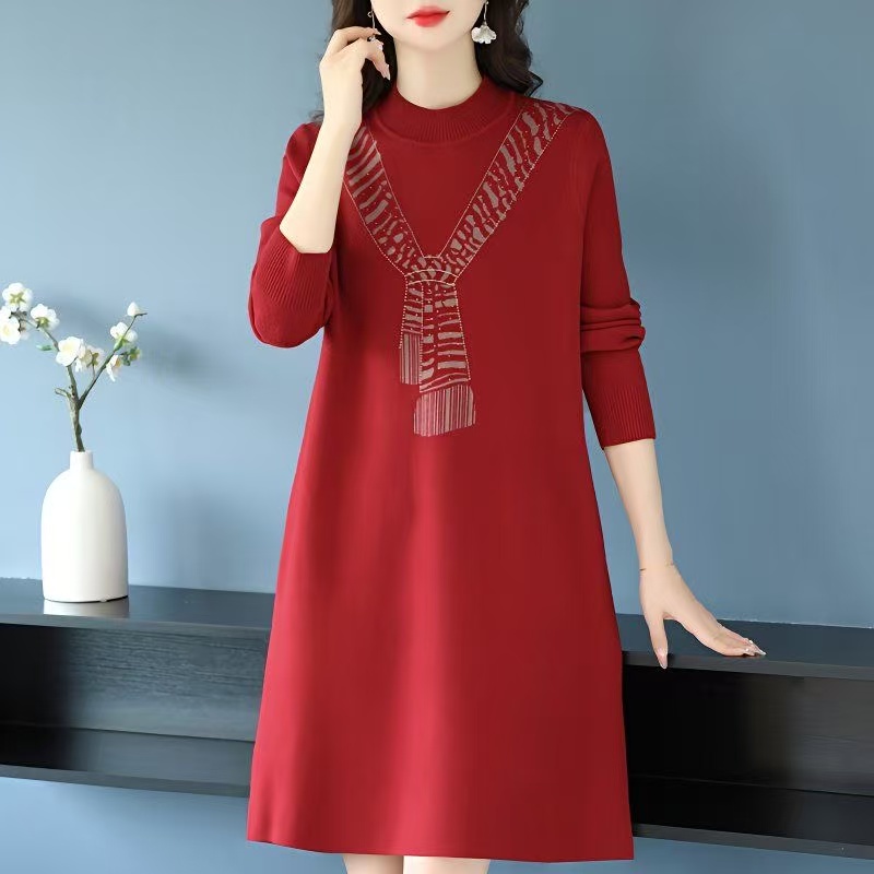 plus size women's new long sleeve high waist printed banquet dress mid-length skirt D02762