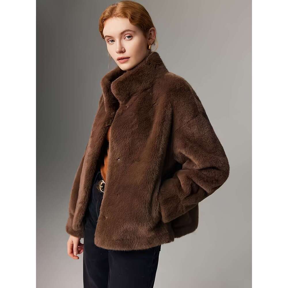 Women's Chic Faux Fur Coat - Thick Warm Short Length With Drop Shoulder Sleeves, Solid Color, Single Button Closure, Regular Fit Fall/Winter, Sty