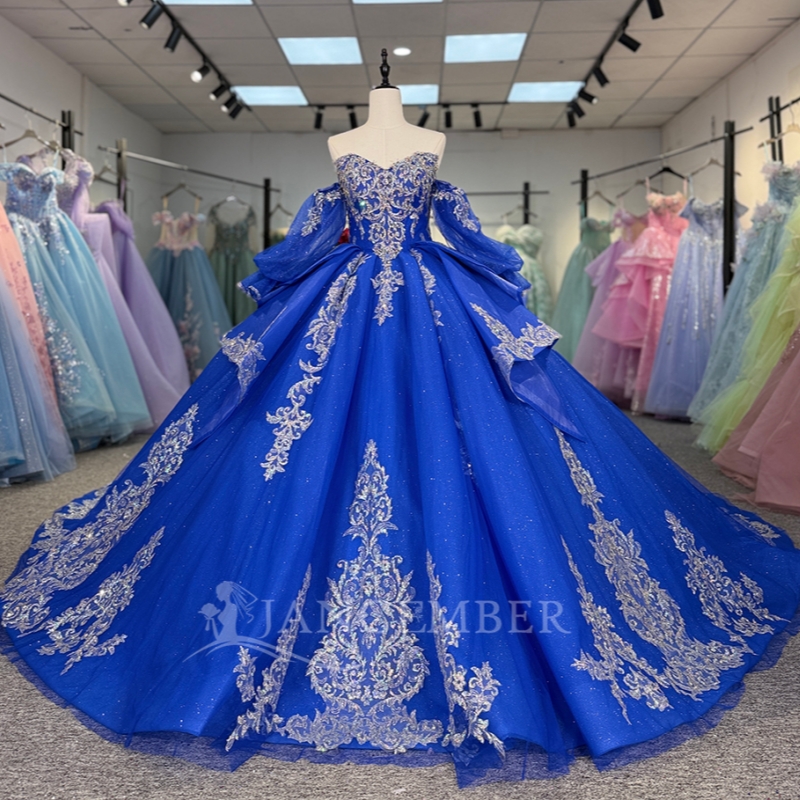 Royal Blue Shiny Quinceanera Dresses Off The Shoulder Applique Lace Beading Crystal Tull Puff Sleeve Party Birthday Sweet 16 Dress Vestidos 15 De Anos