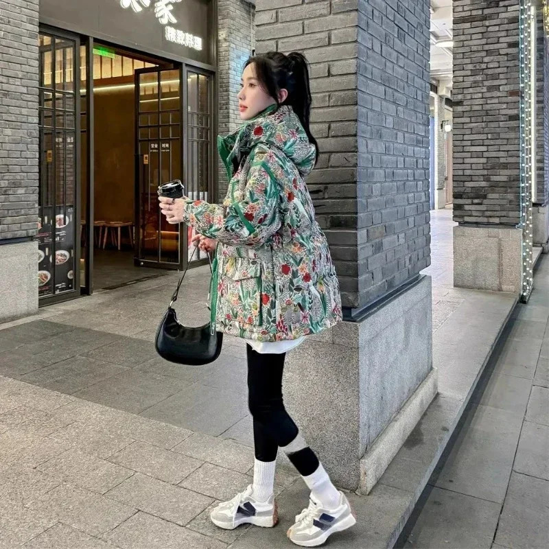 Fashion Zipper Hooded Short Printed European Goods Down Cottonpadded Womens Winter Thick Warm Green Coat 251027