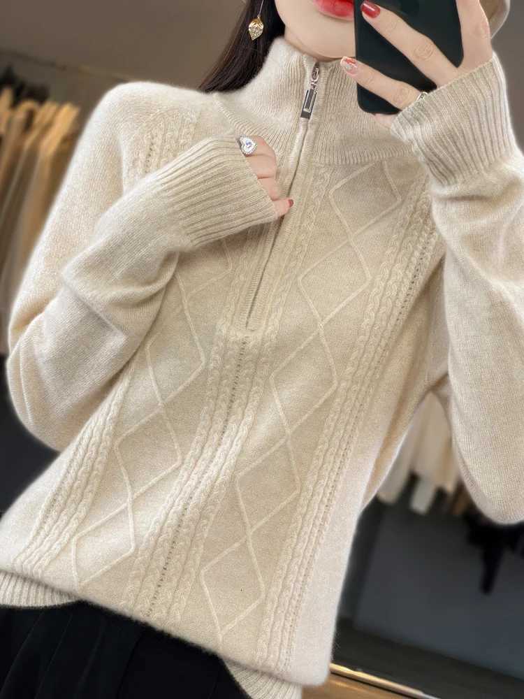 Women 100 Merino Wool Sweater Turtleneck Twisted Zipper Half Open Neck Pullover Autumn Winter Thickened Casual Knit Loose TopsT251027