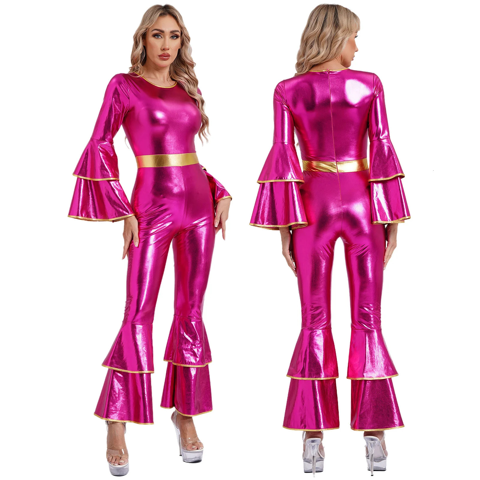 Womens 70S Disco Vintage Jumpsuit Metallic Shiny Flare Sleeve Bodysuit Hippie Bell Bottom Jazz Dance Carnival Rave Party Costume 251027