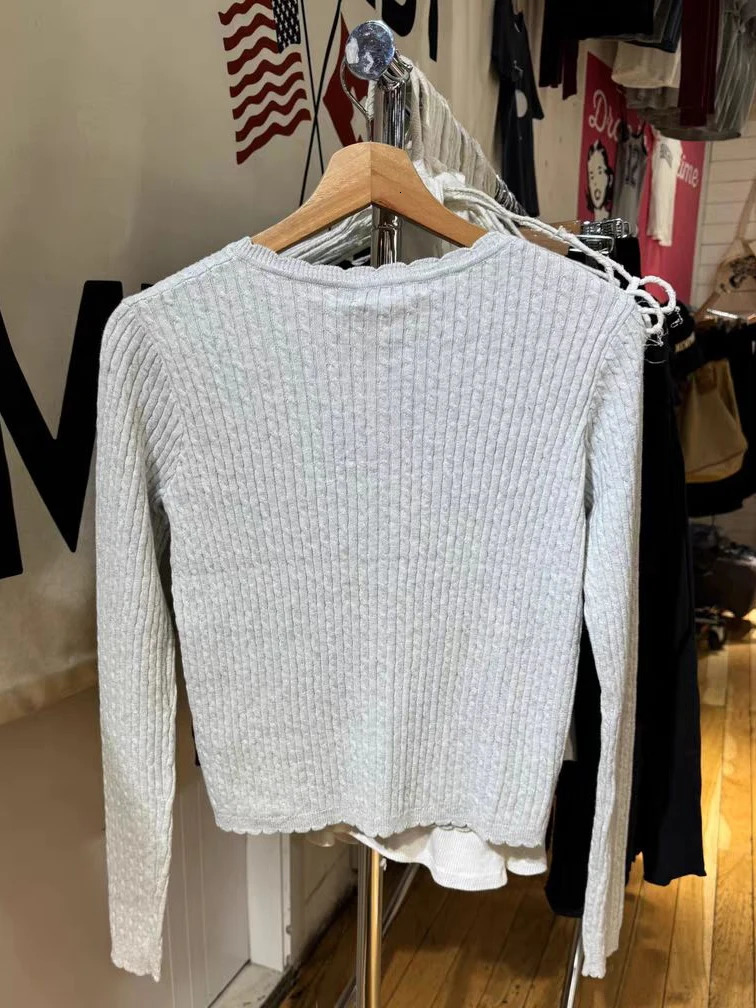 Pockets Twist Flower Knitted Sweater Cardigan ONeck Single Breasted Long Sleeve Slim Sweaters Vintage Streetwear Gray Crop Tops 251027