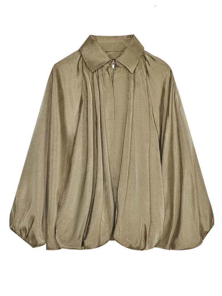 winter jacket women Puffed Bomber Women's Jackets Casual Pleated Turn-down Collar Lantern Sleeve Woman Spring Jacket 2025 Green Femme Outerwears