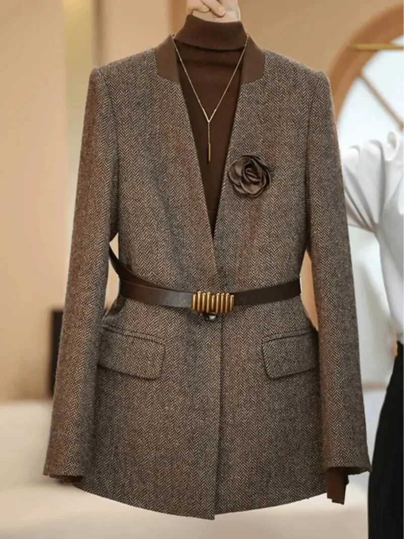 Plus Size 4XL High Quality Coffee colored Suit Jacket For Women Spring Outwear Fashion Simple Wool Coat Autumn Blazer With Belt 251027