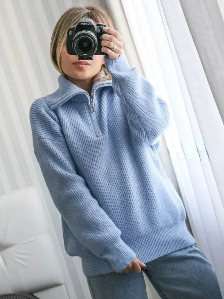 Long Sleeve Solid Gray White Pullover Womens Turtleneck Zippers Fashion Women Sweaters Casual Knitted Sweater Woman Winter 2025 251027