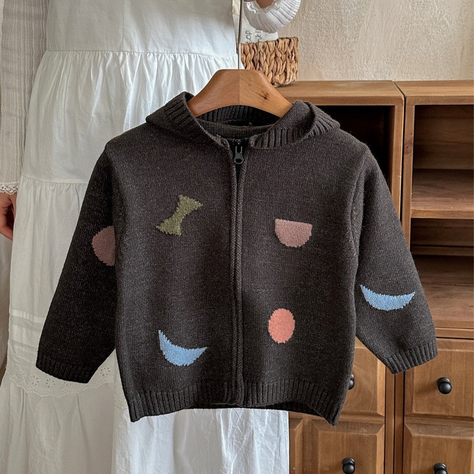 New Designer Geometric Pattern Sweater Korean Edition Autumn and Winter Boys' and Girls' Top Boys' Zipper Hooded Cardigan Sweater Fashi