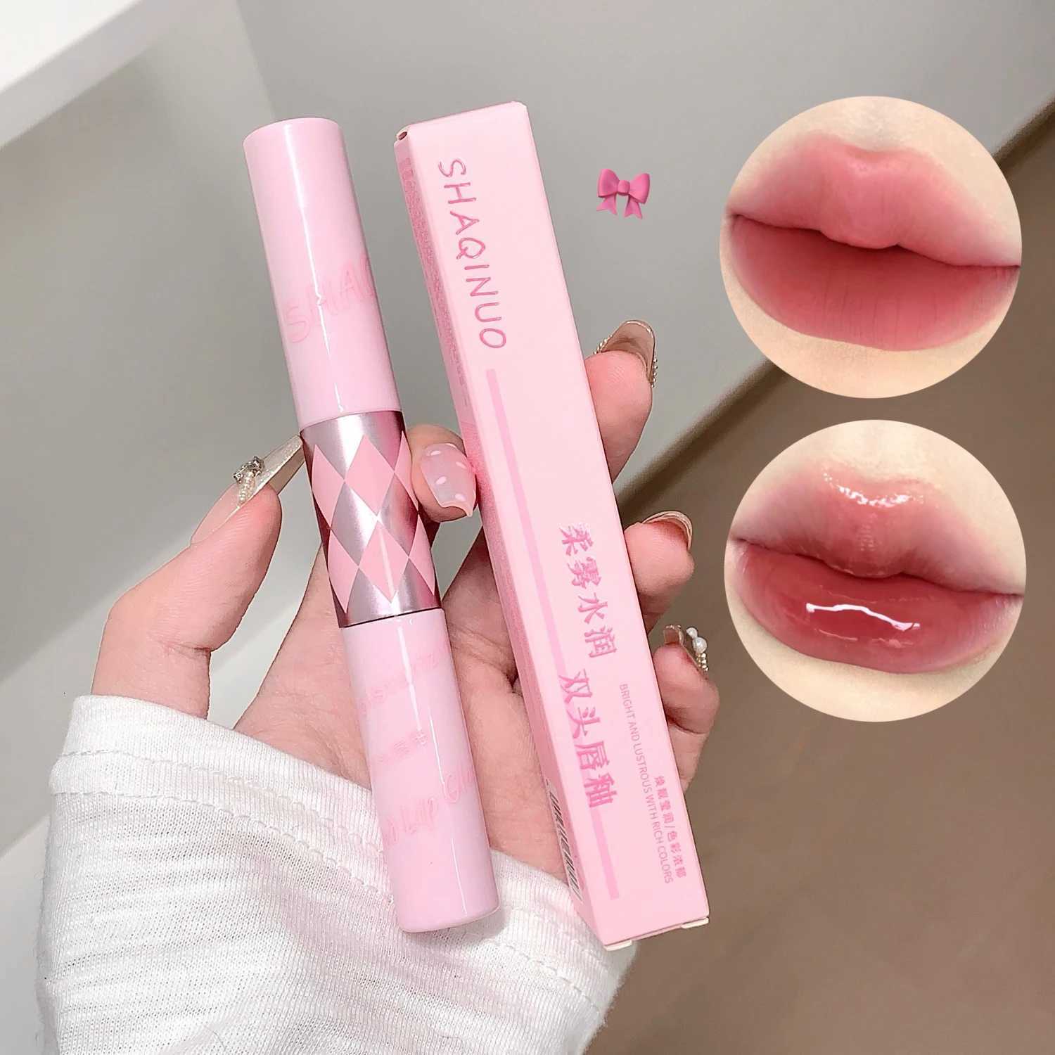 Double Head Lip Gloss Sexy Red Lips Makeup 2 in Lip Mud Mirror Water Gloss Lip Glaze Matte Lipstick Waterproof Korean Cosmetic W251027