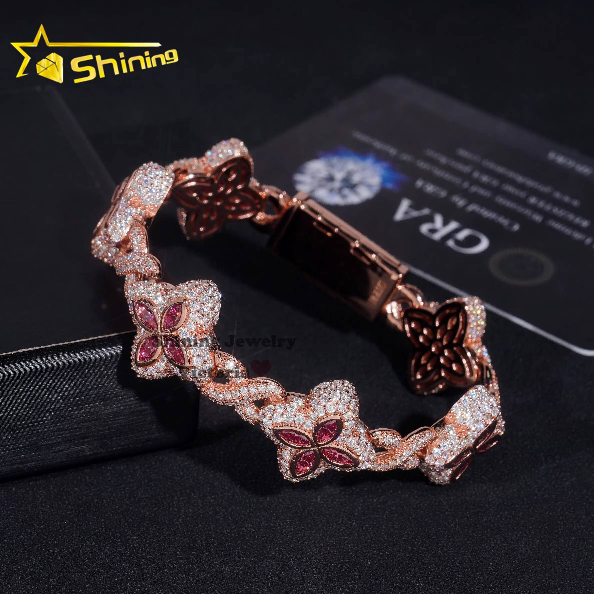 New Arrivals Rose Gold Plated Moissanite Men Bracelet With Pink Moissanite Iced Out Infinity Link Clover Cuban Bracelet